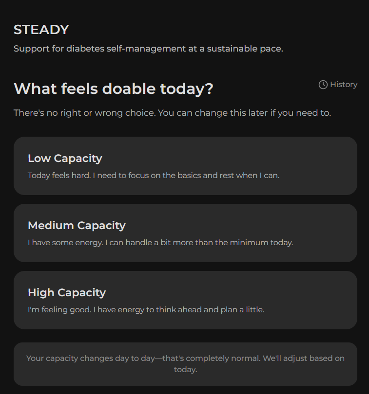 Screenshot of Steady app check-in screen, with capacity check