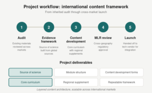Diagram showing the project workflow: audit, evidence framework, content development, MLR review, and launch, with project deliverables listed below.
